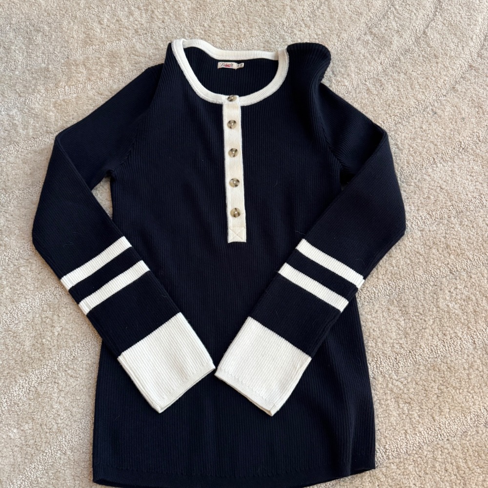 Faherty Womens‎ Mikki Henley Navy Blue Ribbed XL Organic Cotton Cashmere Blend